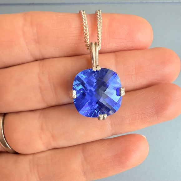 Siberian Faceted Cushion Blue Quartz Sterling Silver Albion Pendant Necklace - Picture 6 of 8